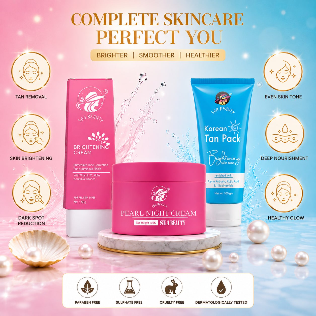SEA BEAUTY COMBO OF 3PS BRIGHTENING CREAM + NIGHT CREAM + KOREAN TAN PACK