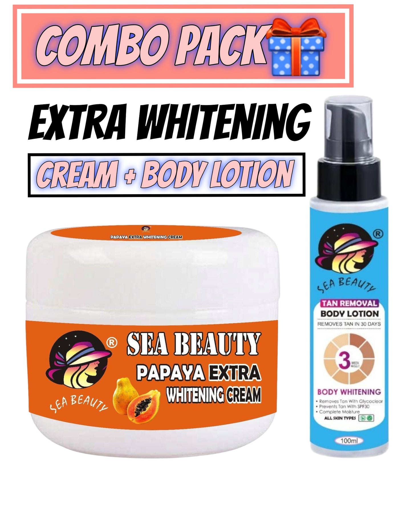 Sea beauty papaya whitening cream and whitening body lotion combo