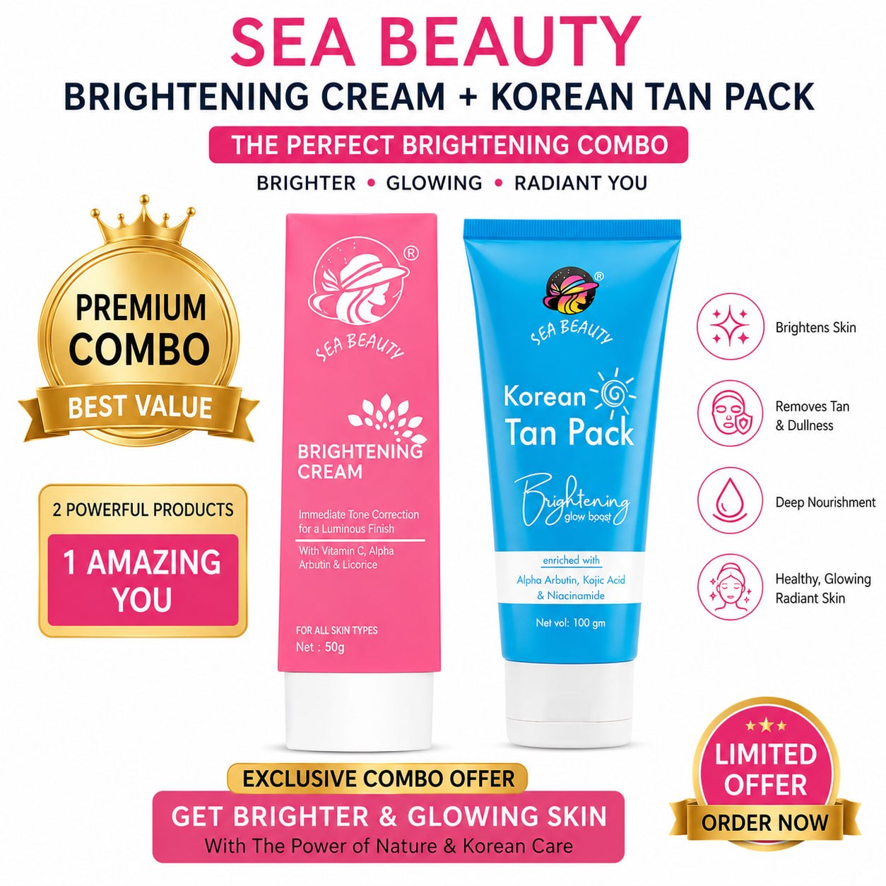 SEA BEAUTY COMBO OF 2 PS BRIGHTENING CREAM + KOREAN TAN PACK