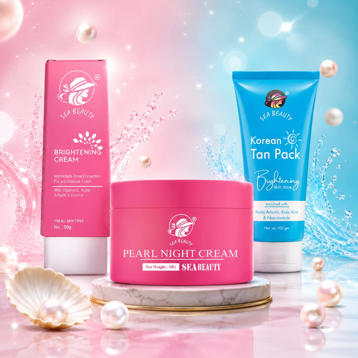 SEA BEAUTY COMBO OF 3PS  BRIGHTENING CREAM + NIGHT CREAM + KOREAN TAN PACK