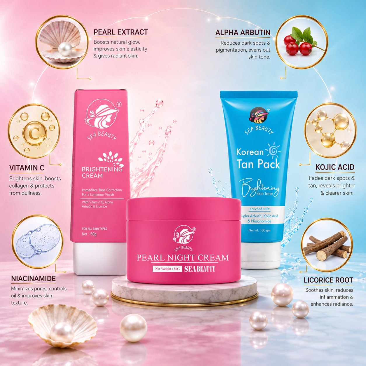 SEA BEAUTY COMBO OF 3PS  BRIGHTENING CREAM + NIGHT CREAM + KOREAN TAN PACK