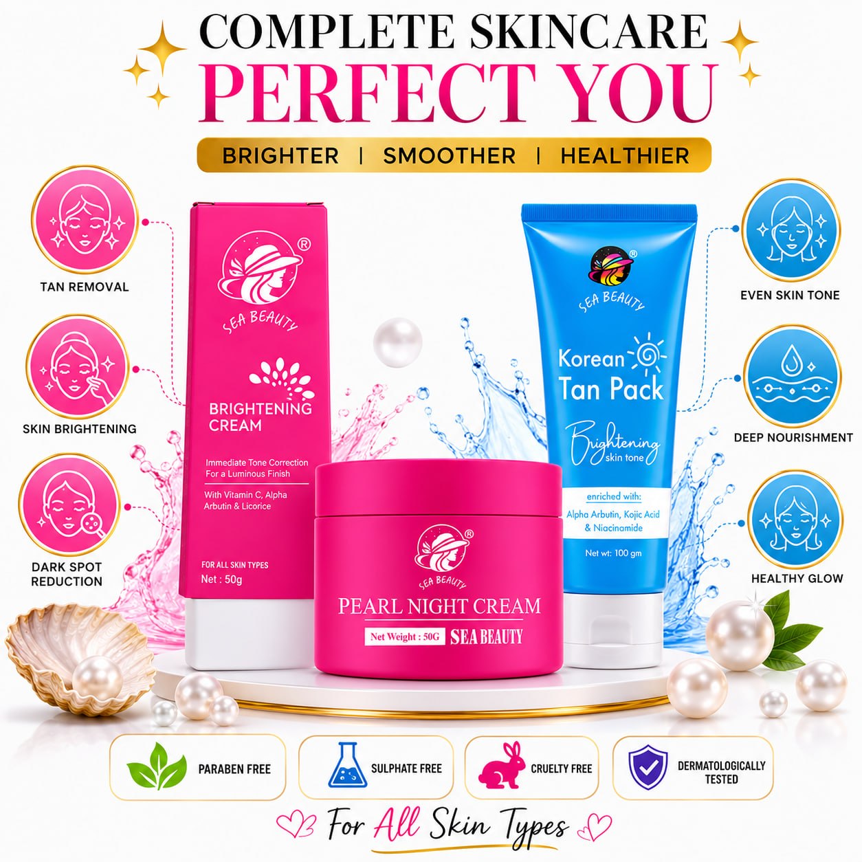 SEA BEAUTY COMBO OF 3PS  BRIGHTENING CREAM + NIGHT CREAM + KOREAN TAN PACK
