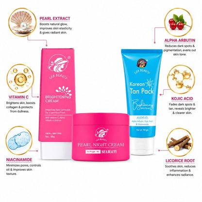 SEA BEAUTY COMBO OF 3PS  BRIGHTENING CREAM + NIGHT CREAM + KOREAN TAN PACK