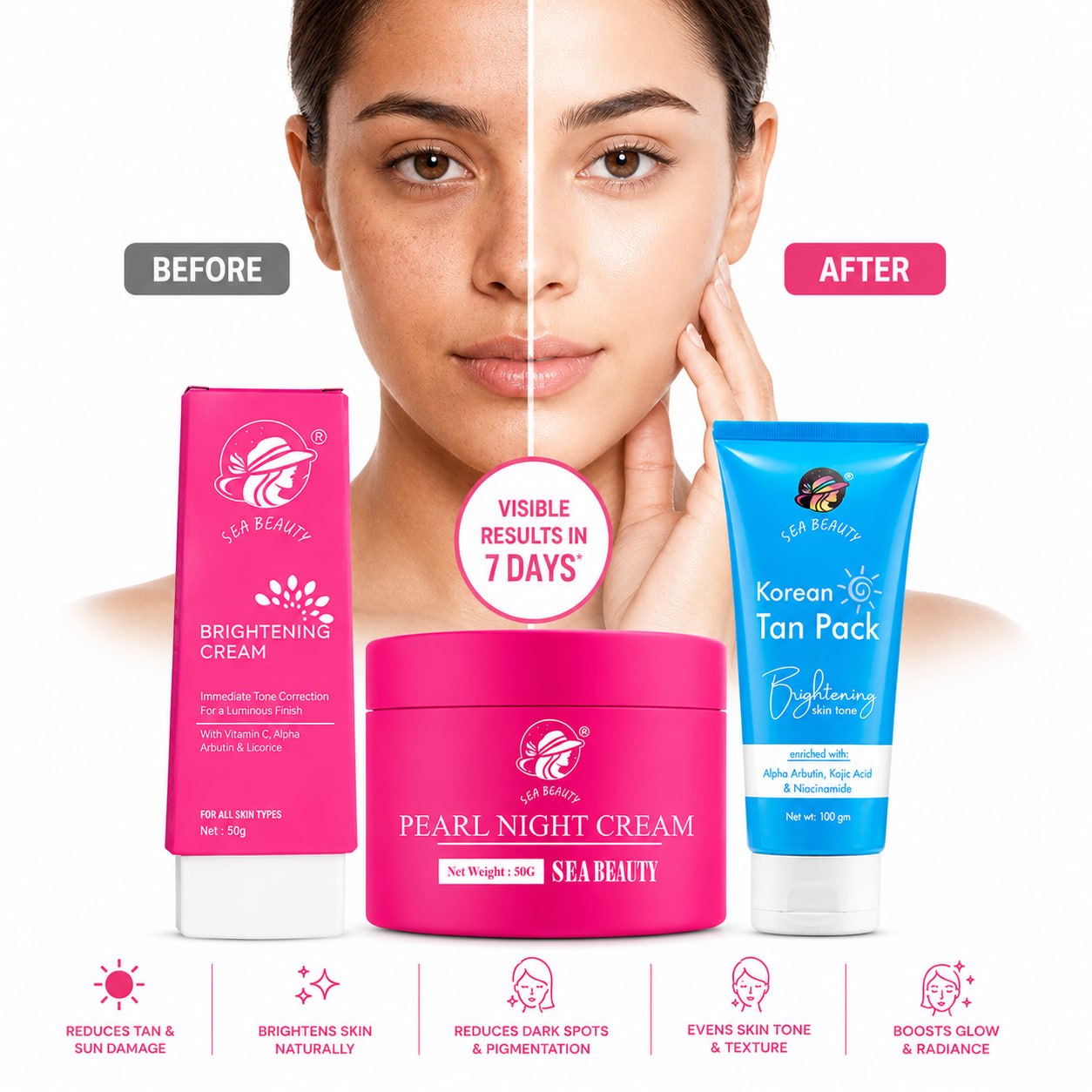SEA BEAUTY COMBO OF 3PS  BRIGHTENING CREAM + NIGHT CREAM + KOREAN TAN PACK
